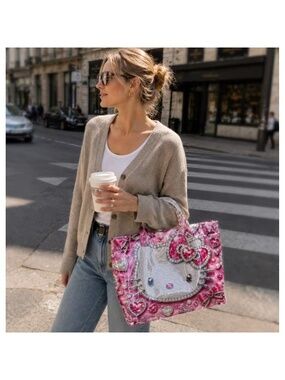 Hello Kitty Pink Heart Gemstone Pearl Glossy 2D Tote Bag Women Kawaii Handbag